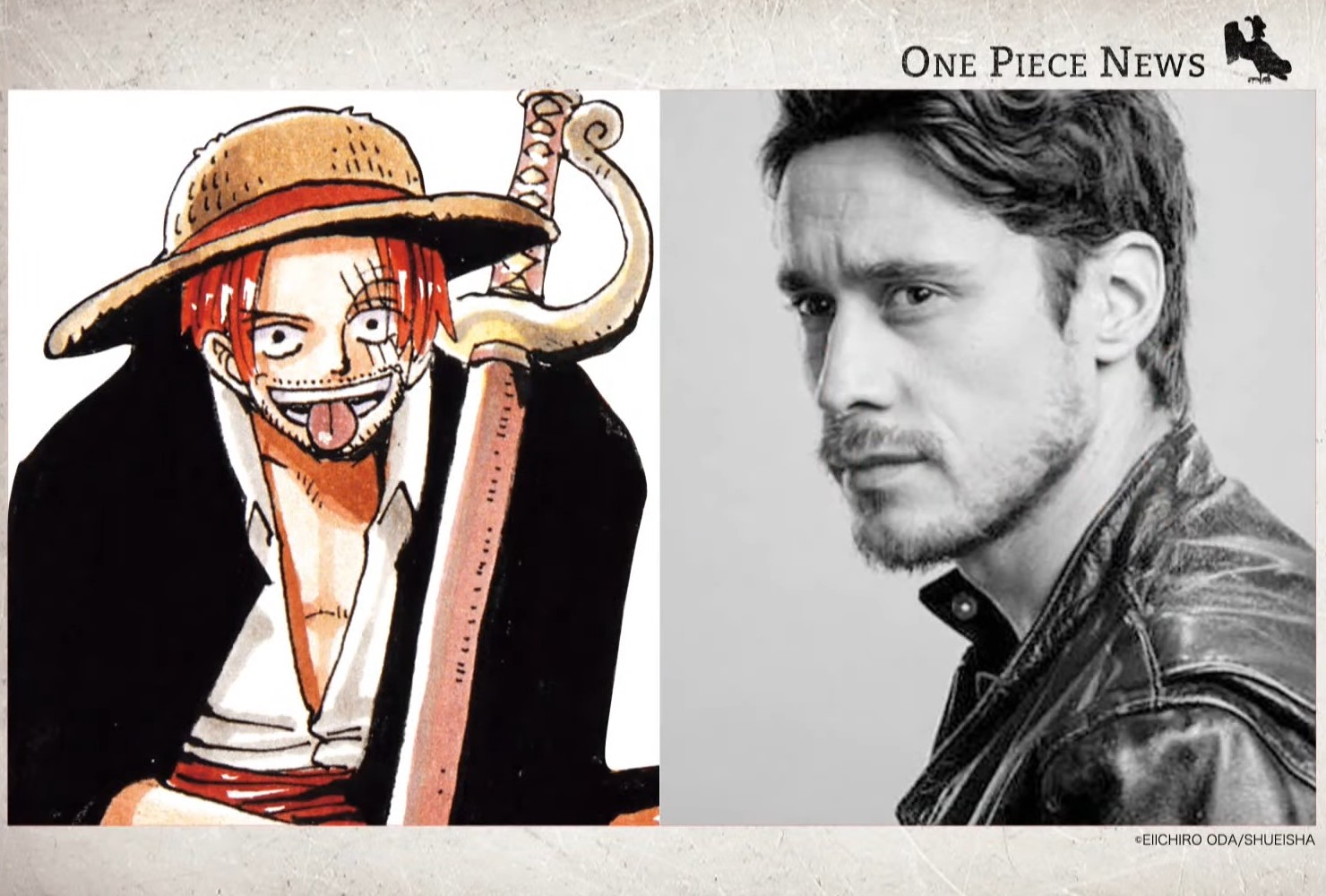 Links: der rothaarige Shanks aus dem Manga; Rechts: ein Foto von Peter Gadiot der ihn in der Netflix-Adaption von One Piece spielt